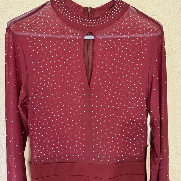 Iris‎ Burgundy Illusion Mesh Silver Studs Bodycon Sz M Hi Neck Jumpsuit NWT - Picture 3 of 14